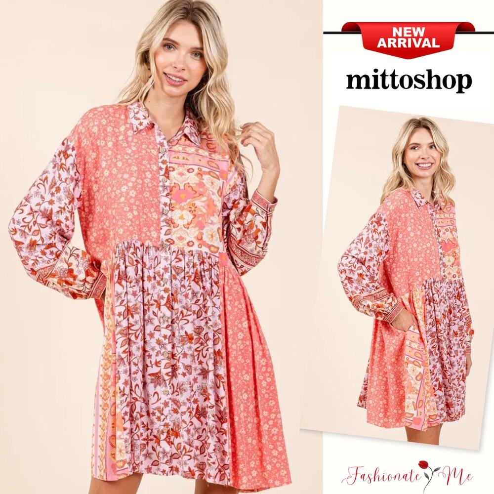 Mittoshop Floral Pattern Button Detail Long Sleeves Mini Shirt Dress | Coral